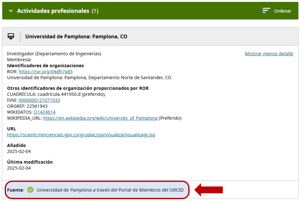 Validaci&oacute;n de afiliaci&oacute;n institucional en ORCID Member Portal - Universidad de Pamplona